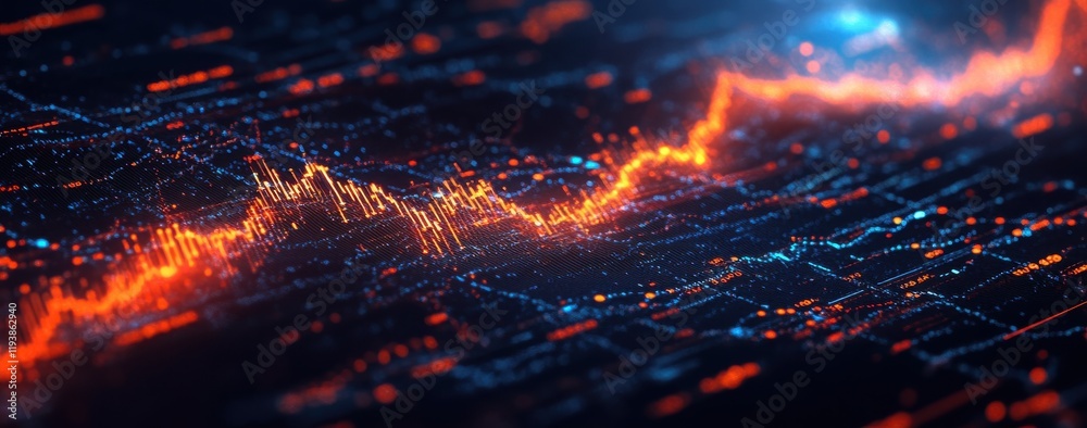 Poster abstract digital data visualization with flowing lines and glowing elements, representing modern tec