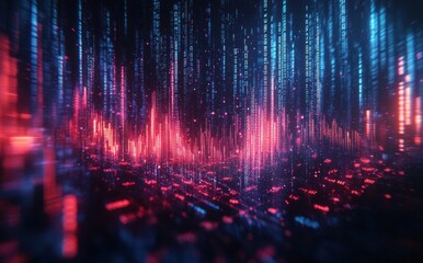 Abstract Digital Data Visualization with Bright Red and Blue Light Representing Streaming Information and Dynamic Graph Representations in a Futuristic Environment