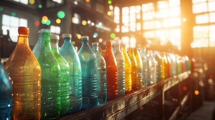 A collection of used plastic bottles being carefully organized by size and color at a manufacturing recycling station with sunlight filtering through windows illuminating the workspace.
