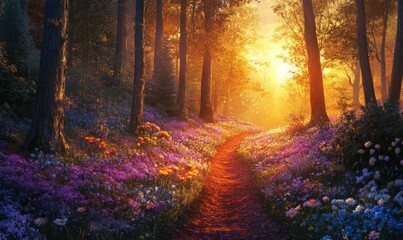 Fototapeta premium Sunset Path Through A Flower Filled Forest