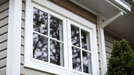 Fototapeta premium Elegant White Window Frame on Modern House Exterior. High-quality window installation, enhancing home's curb appeal and natural light. Perfect for real estate and home improvement projects.