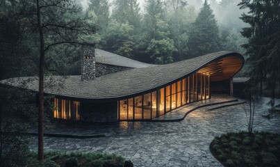 The wooden roof and stone walls of the church blend seamlessly into the surrounding landscape , forest, earthy