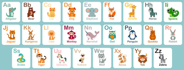 English alphabet with cute animals vector illustrations set. Childish font for kids ABC book symbols pack. Kids english alphabet, A to Z with cute cartoon animals. © Drevorezkin