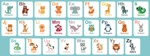 English alphabet with cute animals vector illustrations set. Childish font for kids ABC book symbols pack. Kids english alphabet, A to Z with cute cartoon animals. © Drevorezkin