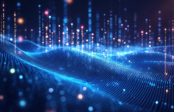 Abstract Digital Landscape with Glowing Lights and Data Streams in a Futuristic Scene, Representing Technology, Innovation, and Connectivity in the Digital Age