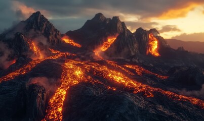 Fototapeta premium Volcanic rock formations with molten lava flows , fiery, mountainous terrain