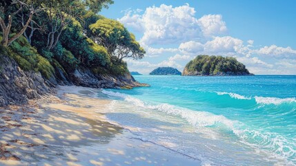 Fototapeta premium A serene beach scene with turquoise water and a clear blue sky, hyper-realistic, vivid details
