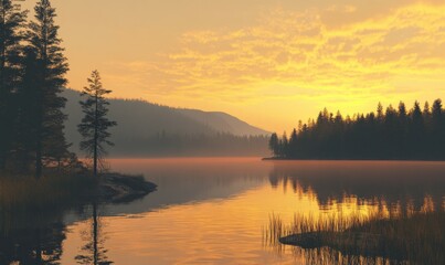 Warm hues of sunset fade across the serene lake's surface , soft light, Sunset over calm lake, serenity