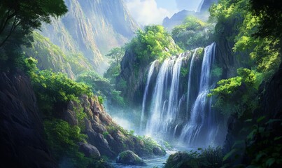 Waterfalls cascading down a rocky mountain cliff with lush greenery, greenery, waterfall