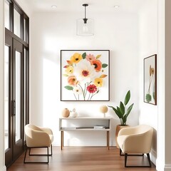Colorful floral artwork adorns a modern minimalist entryway