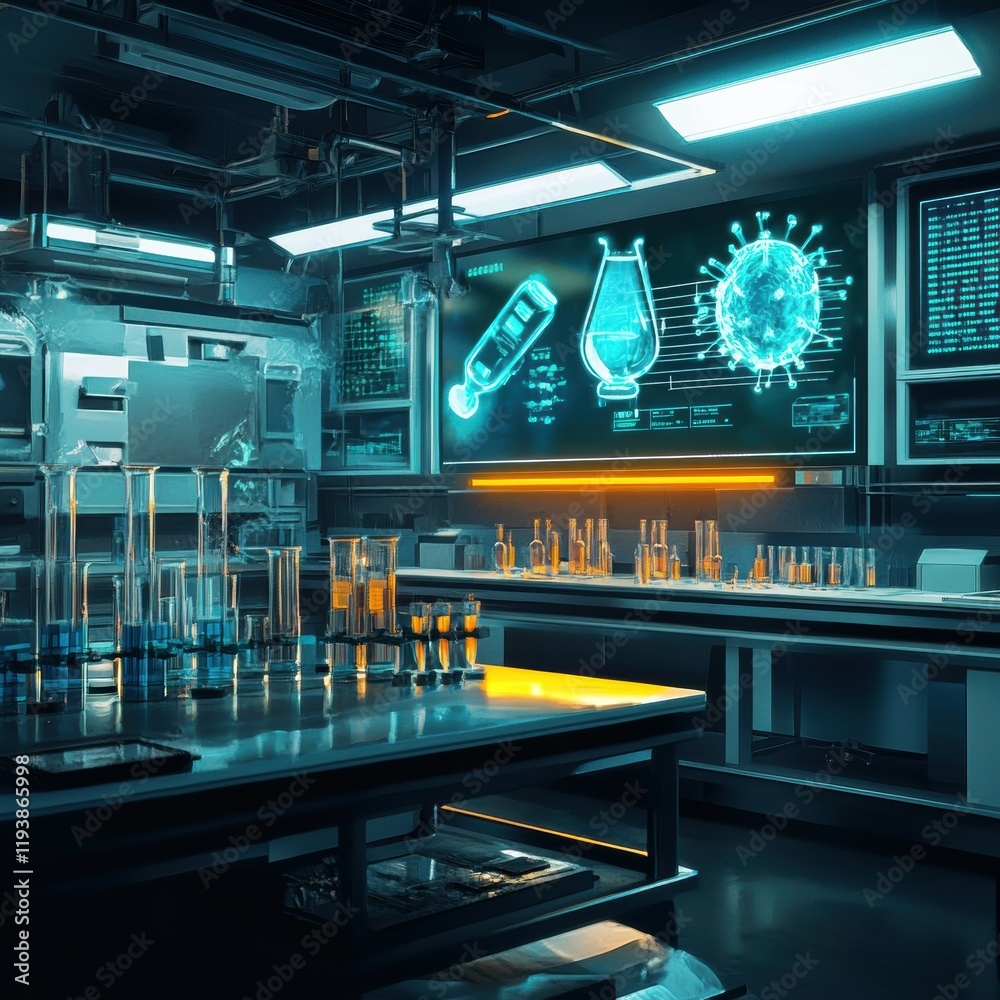 Leinwandbilder modern laboratory setup with glowing monitors and test tubes displaying virus research at night. gen