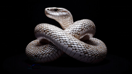 Fototapeta premium Year of snake themed, striking white snake with intricate scales, coiled elegantly against dark background