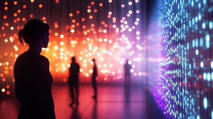 Futuristic digital light art installation with silhouettes
