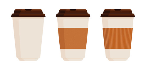 Set of takeaway cups with brown lids and sleeves. Disposable cups for hot drinks like coffee or tea. Beverage packaging concept. Flat vector illustration isolated on white background with copy space