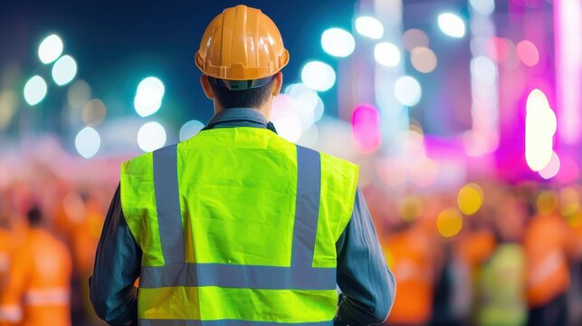 Construction worker overseeing site safety at night urban environment action scene professional viewpoint