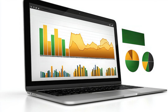 digital screen shows detailed ad performance metrics including impressions clicks and conversions. Various floating graphs and charts illustrate data trends in social media marketing.
