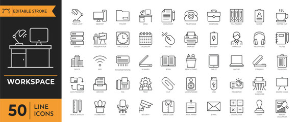 Workspace icon set. Workplace icon. Containing Work, team, office tools, time management, documents and more. Vector illustration