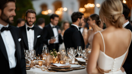 A group of attendees in tuxedos and elegant evening gowns gathered around a beautifully decorated banquet table