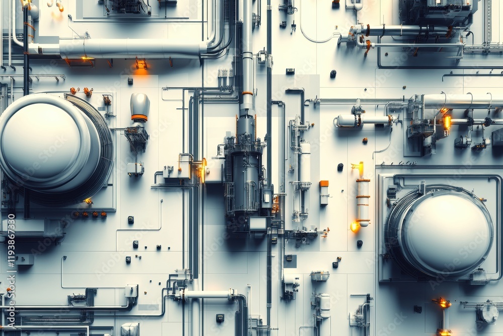 Poster geometric industrial pattern of oil tanks, pipes, and rigs in an extensive network on a flat surface