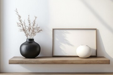 Minimalist Scandinavian Interior Scene with Floating Wooden Shelf and Vases