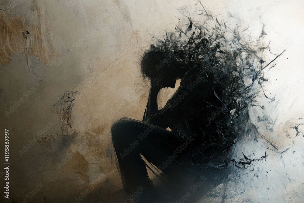 Leinwandbilder Exploring the depths of mental turmoil through abstract representation in a shadowy setting. Generative AI
