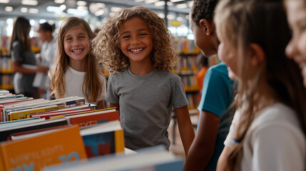 A group of diverse children smiling and interacting as they explore a collection of new books at a library display