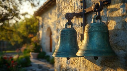 Fototapeta premium Antique bells on stone wall, garden, sunset glow.