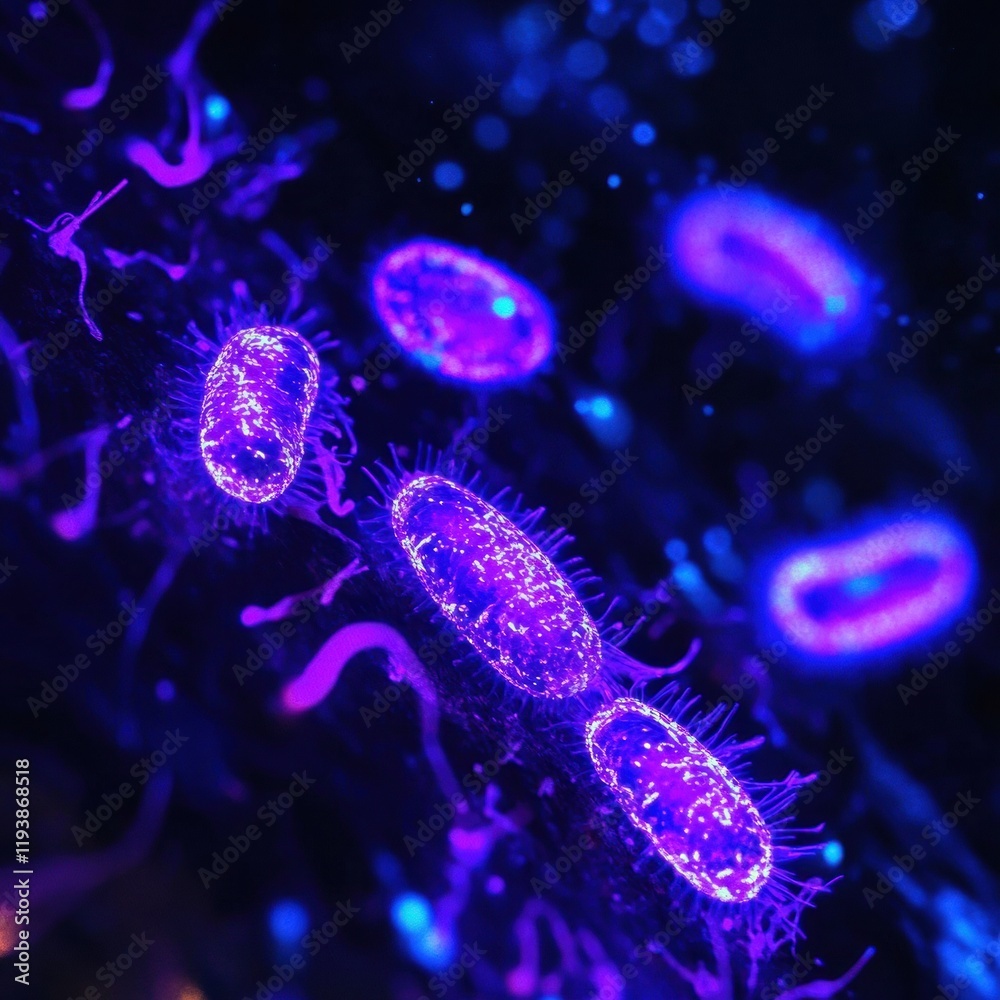 Poster glowing bacteria under ultraviolet light showcasing bioluminescence in a dark environment. generativ