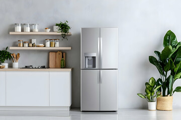 Modern Kitchen Refrigerator in Stylish Home Setting,  featuring  French Door Design with Water Dispenser, complements a Minimalist Decor.