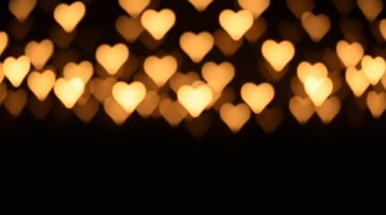 A romantic minimalist Valentine's Day design featuring glowing heart-shaped bokeh lights in natural earth tones and bright lens flares, softly fading into a luxurious black background