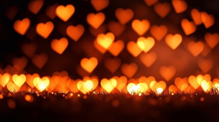 A romantic minimalist Valentine's Day design featuring glowing heart-shaped bokeh lights in natural earth tones and bright lens flares, softly fading into a luxurious black background