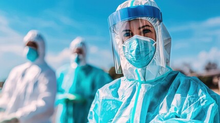 Healthcare workers in personal protective equipment outdoor setting health awareness campaign bright day close-up safety measures