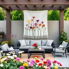 Floral Tapestry Adorns Patio Furniture Under Pergola