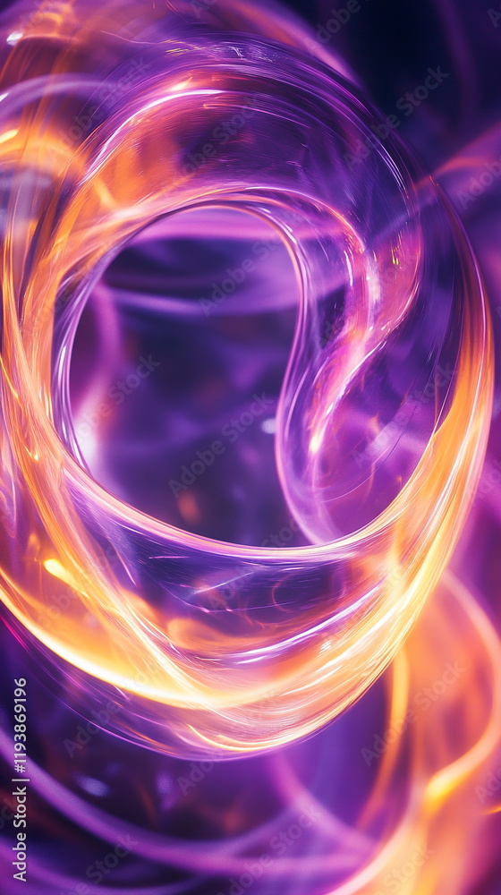 Poster glowing spiral patterns. neon orange and violet hues intertwining. abstract circular motion with shi