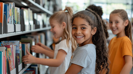 A group of diverse children smiling and interacting as they explore a collection of new books at a library display