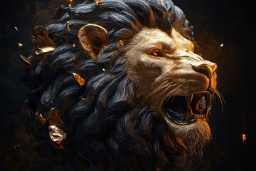 golden lion head sculpture fierce dramatic pose black texture ambient light detailed mane smoke background