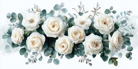 Watercolor Floral Arrangement White Roses Eucalyptus Wedding Invitations Bouquets Decorative Elements