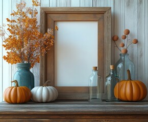 Autumn Decor with Pumpkins and Rustic Frame on Wooden Table