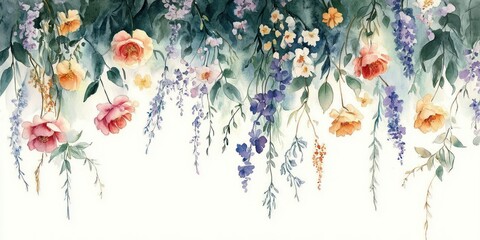 Watercolor Painting of Hanging Flowers with Pastel Colors and Soft Brush Strokes in a Serene Atmosphere