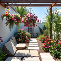 Serene Garden Patio with Hanging Flower Baskets and Stone Path