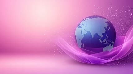 Blue globe on pink background with flowing lines and sparkles.