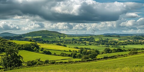 Obraz premium A serene countryside with wind turbines generating clean energy, vibrant natural colors