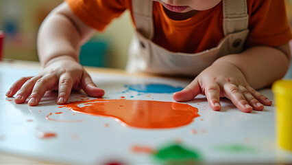 Fototapeta premium Closeup of a child's hand playing with colorful paint at a home daycare center, fun educational activity for children at childcare facility