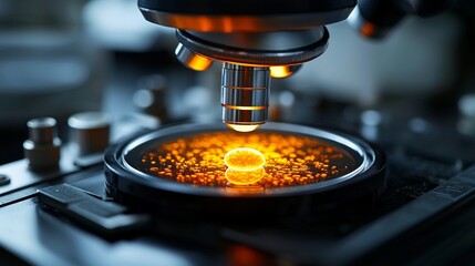 fertilized embryo is carefully displayed in petri dish beneath microscope lens showcasing scientific precision in sterile laboratory setting.