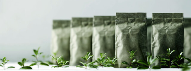 Elegant green tea bag packaging process in a modern factory setting with minimalist design and ample text space