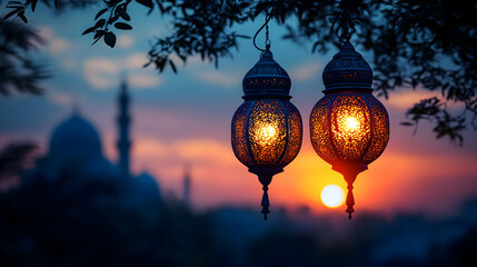 Sunset lanterns, mosque, Ramadan, Middle East