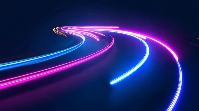 Vibrant light trails create an abstract pattern in a dark setting, showcasing neon colors and dynamic movement