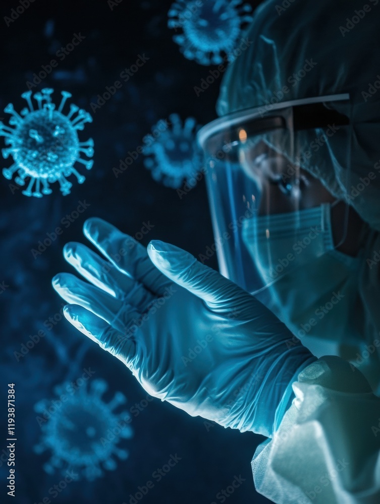 Leinwandbilder protective equipment displayed against a backdrop of fading viruses during a health crisis at a labo