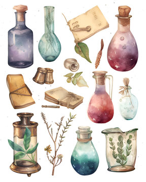 Sheets of watercolor antique bottles and glass