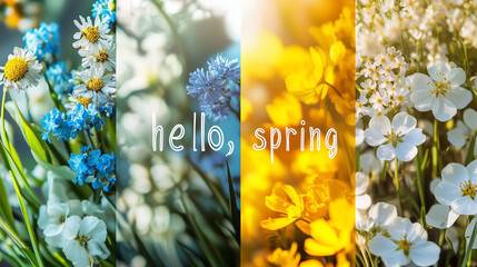 "Hello, Spring" text on spring season background with wild flowers, bouquet, and leaves. Hello spring lettering design banner